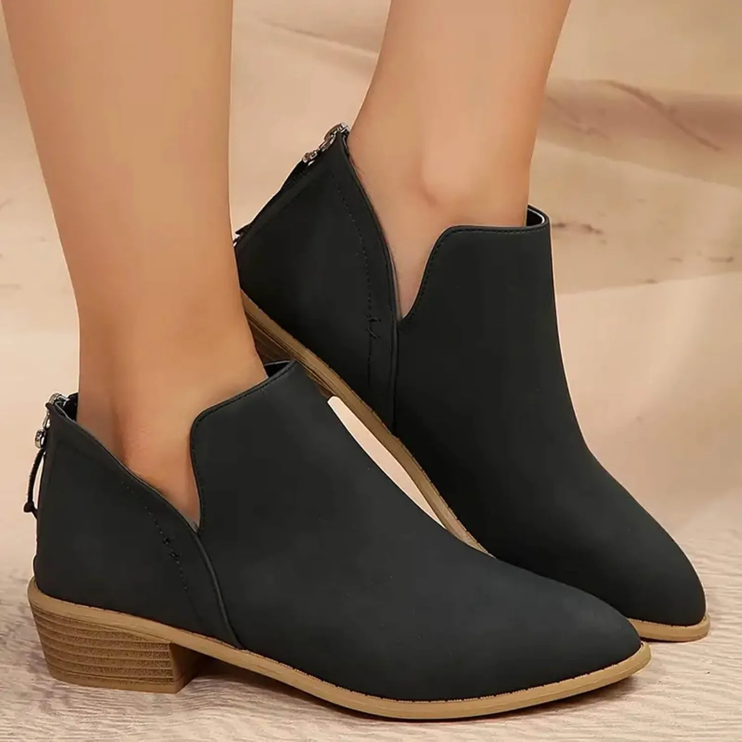 Womens V Cutout Ankle Boots Pointed Toe Chunky Stacked Heel Booties Zip Up Western Boots Shoes Low Heel Pull On Short Western Boots