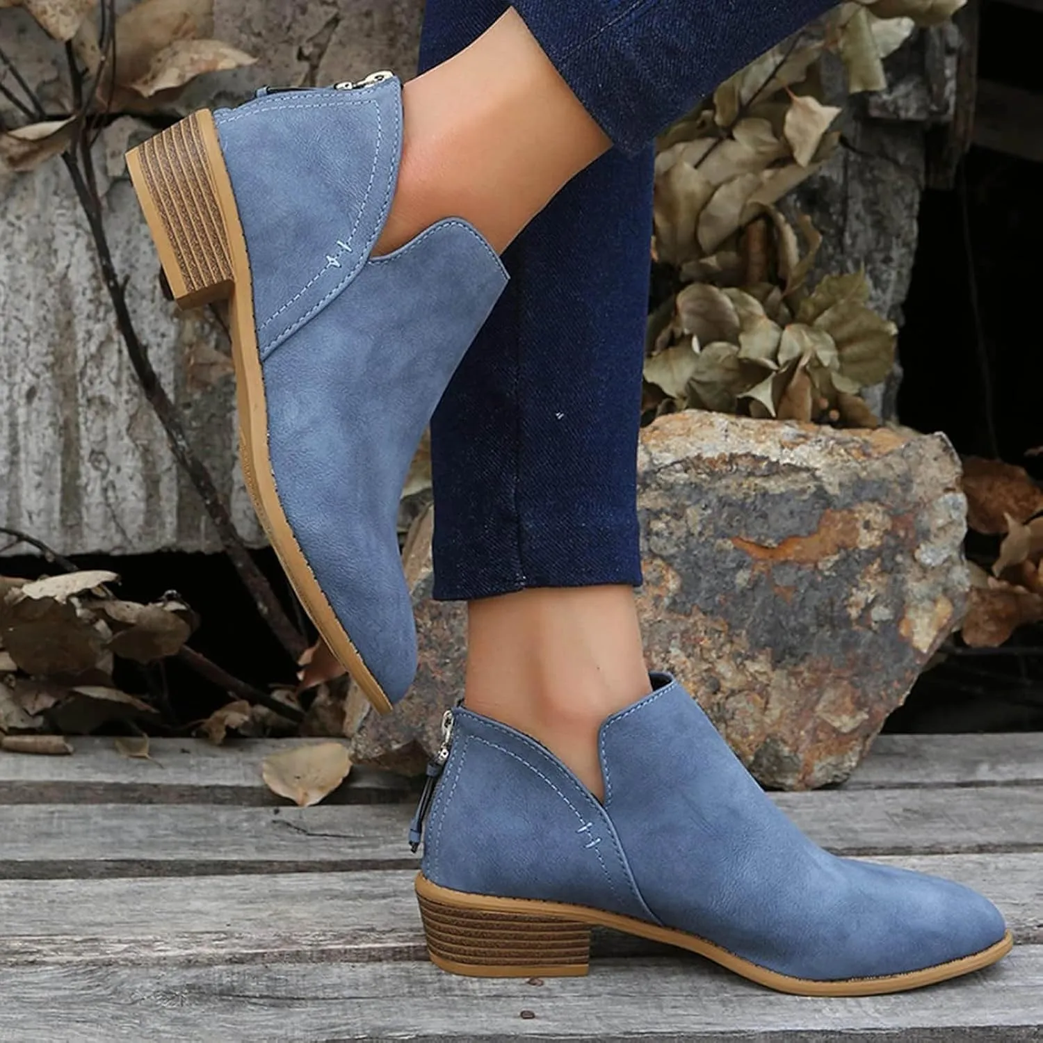 Womens V Cutout Ankle Boots Pointed Toe Chunky Stacked Heel Booties Zip Up Western Boots Shoes Low Heel Pull On Short Western Boots