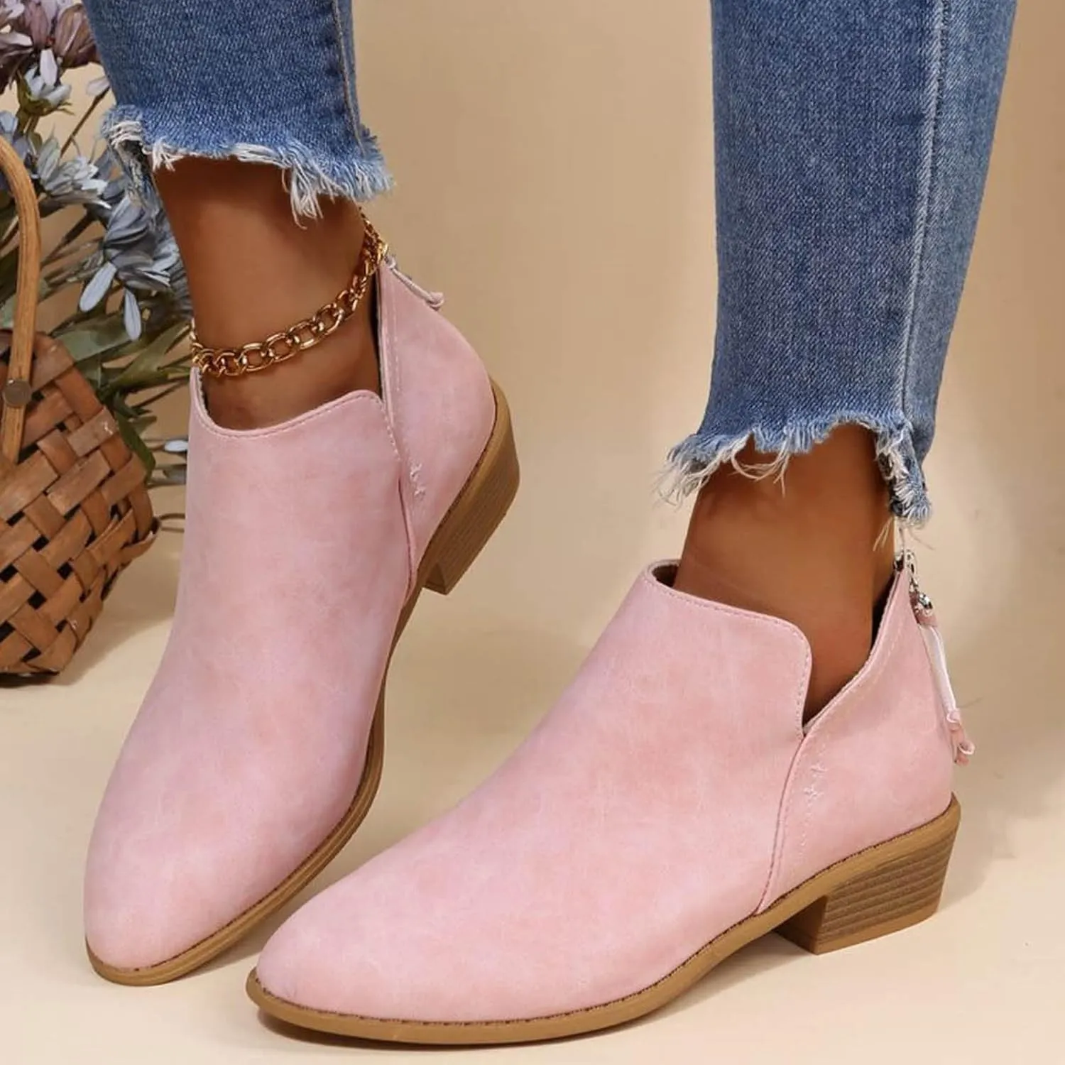 Womens V Cutout Ankle Boots Pointed Toe Chunky Stacked Heel Booties Zip Up Western Boots Shoes Low Heel Pull On Short Western Boots