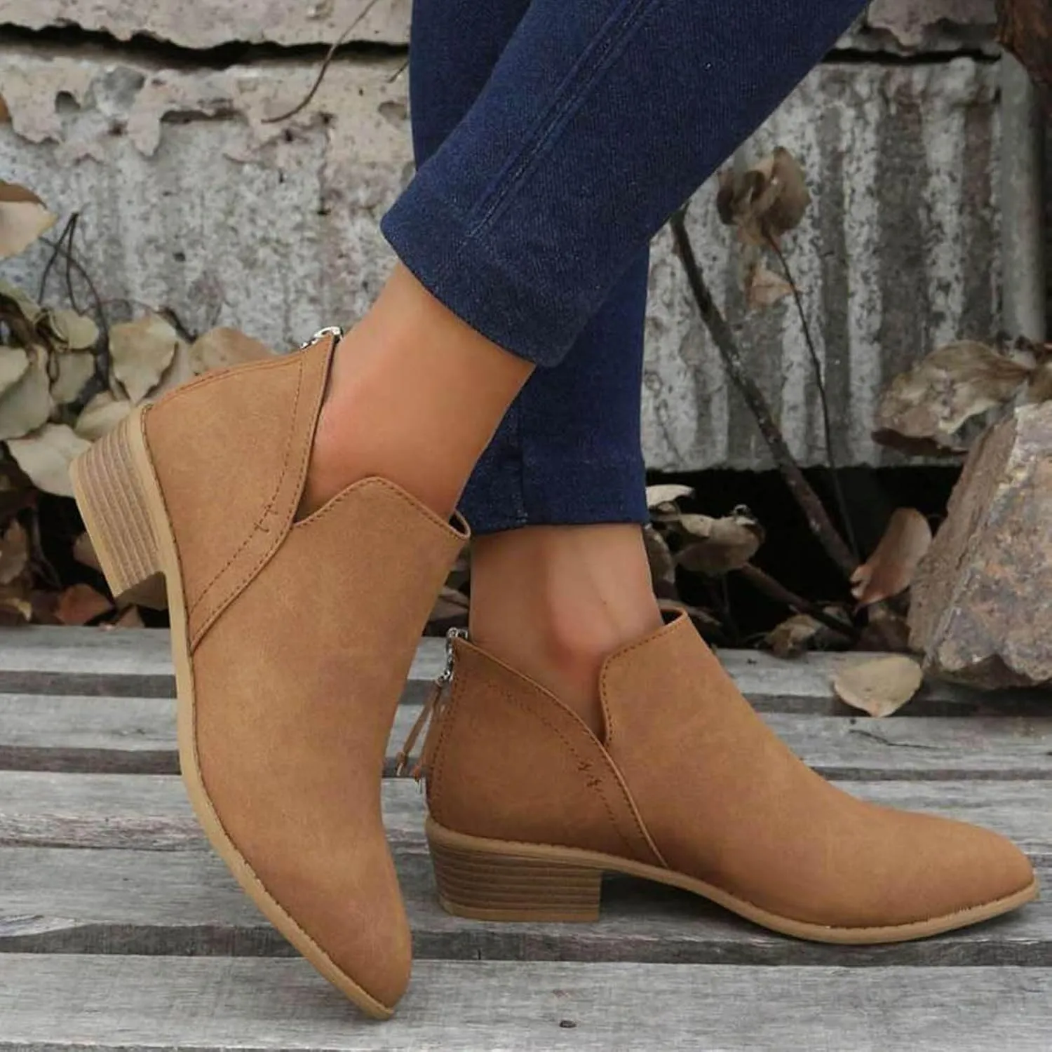 Womens V Cutout Ankle Boots,Pointed Toe Chunky Stacked Heel Booties Slip on Western Low Heel Boots Zip Up Western Boots Shoes Low Heel Pull On Short Western Boots