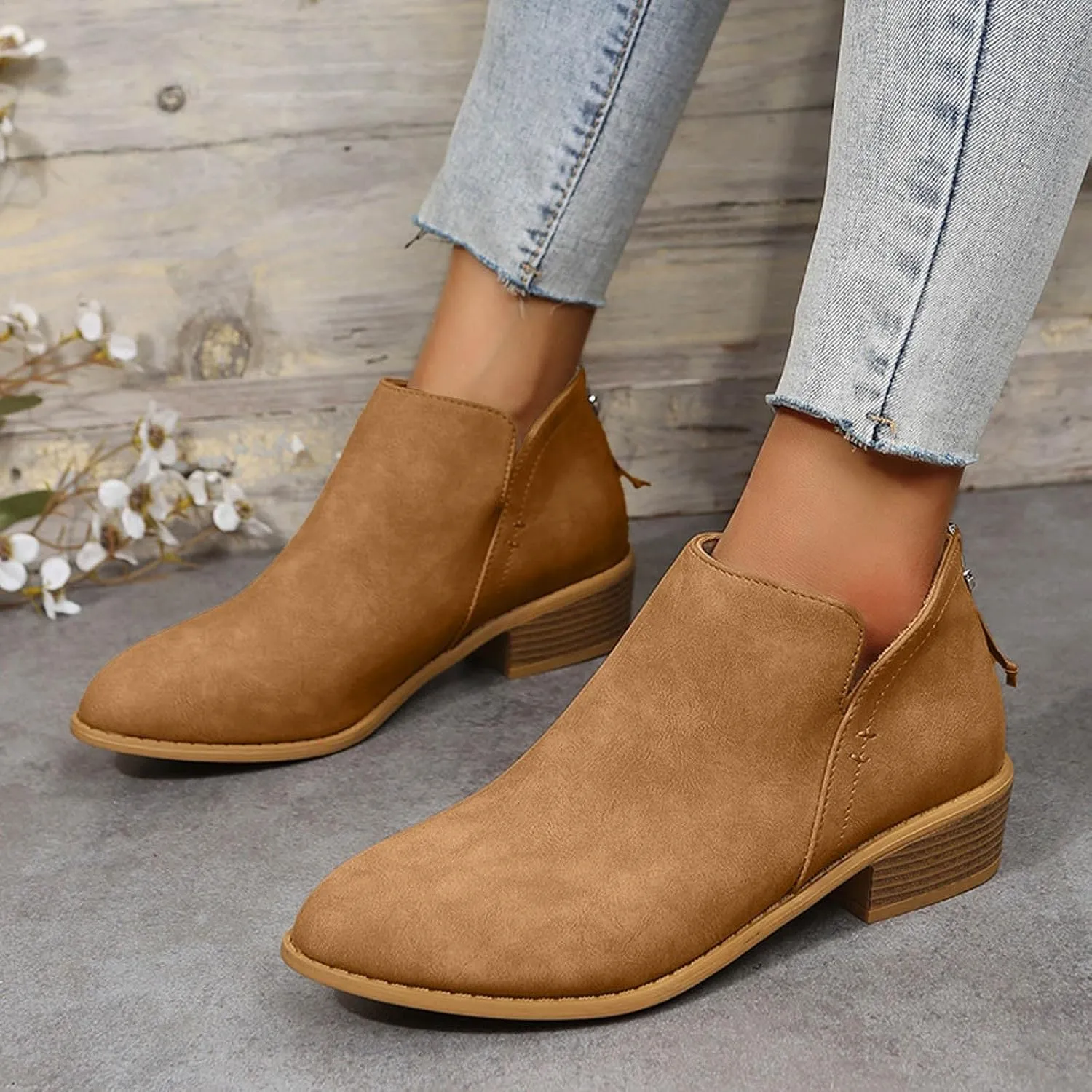 Womens V Cutout Ankle Boots,Pointed Toe Chunky Stacked Heel Booties Slip on Western Low Heel Boots Zip Up Western Boots Shoes Low Heel Pull On Short Western Boots