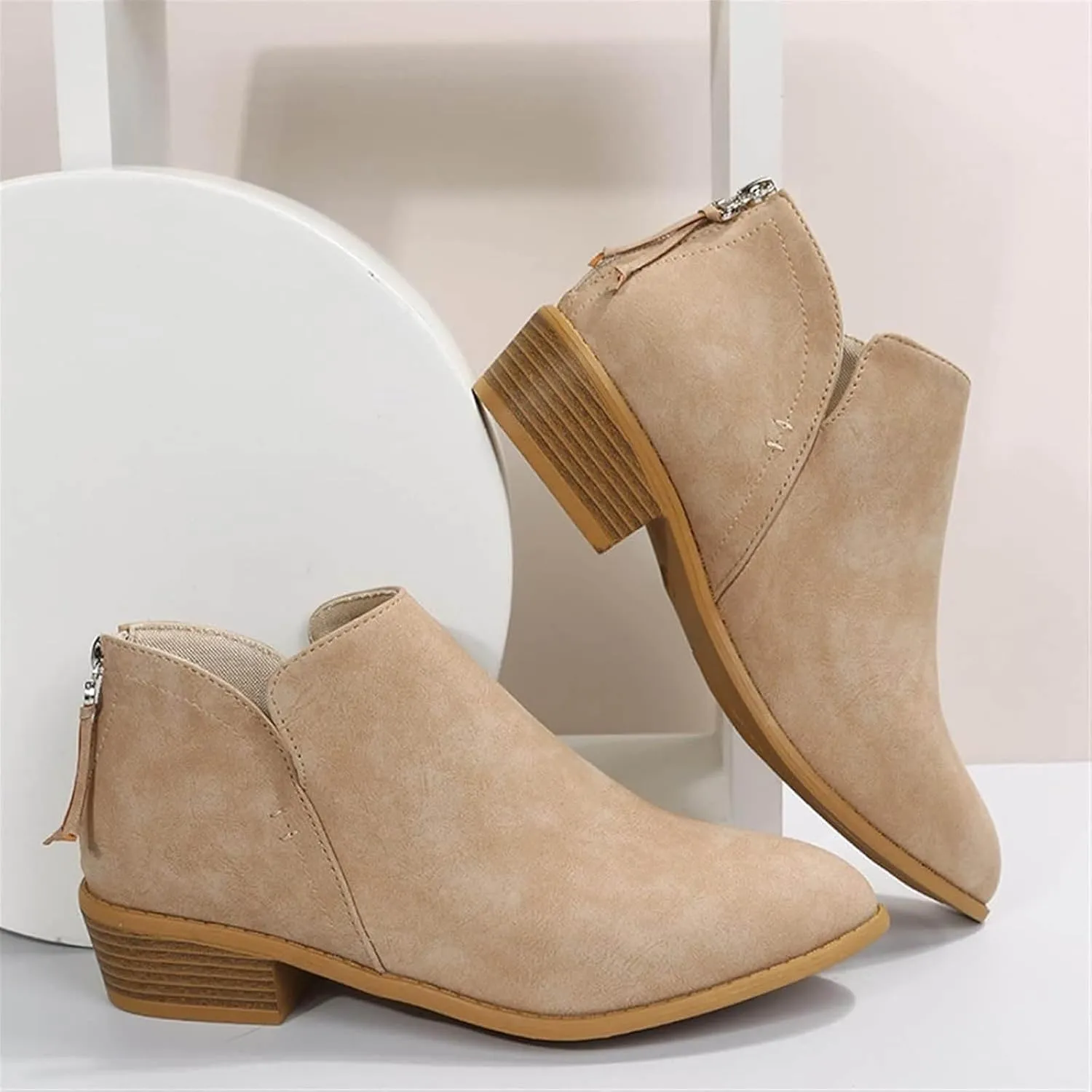 Womens V Cutout Ankle Boots,Pointed Toe Chunky Stacked Heel Booties Slip on Western Low Heel Boots Zip Up Western Boots Shoes Low Heel Pull On Short Western Boots