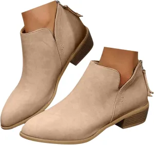 Womens V Cutout Ankle Boots,Pointed Toe Chunky Stacked Heel Booties Slip on Western Low Heel Boots Zip Up Western Boots Shoes Low Heel Pull On Short Western Boots