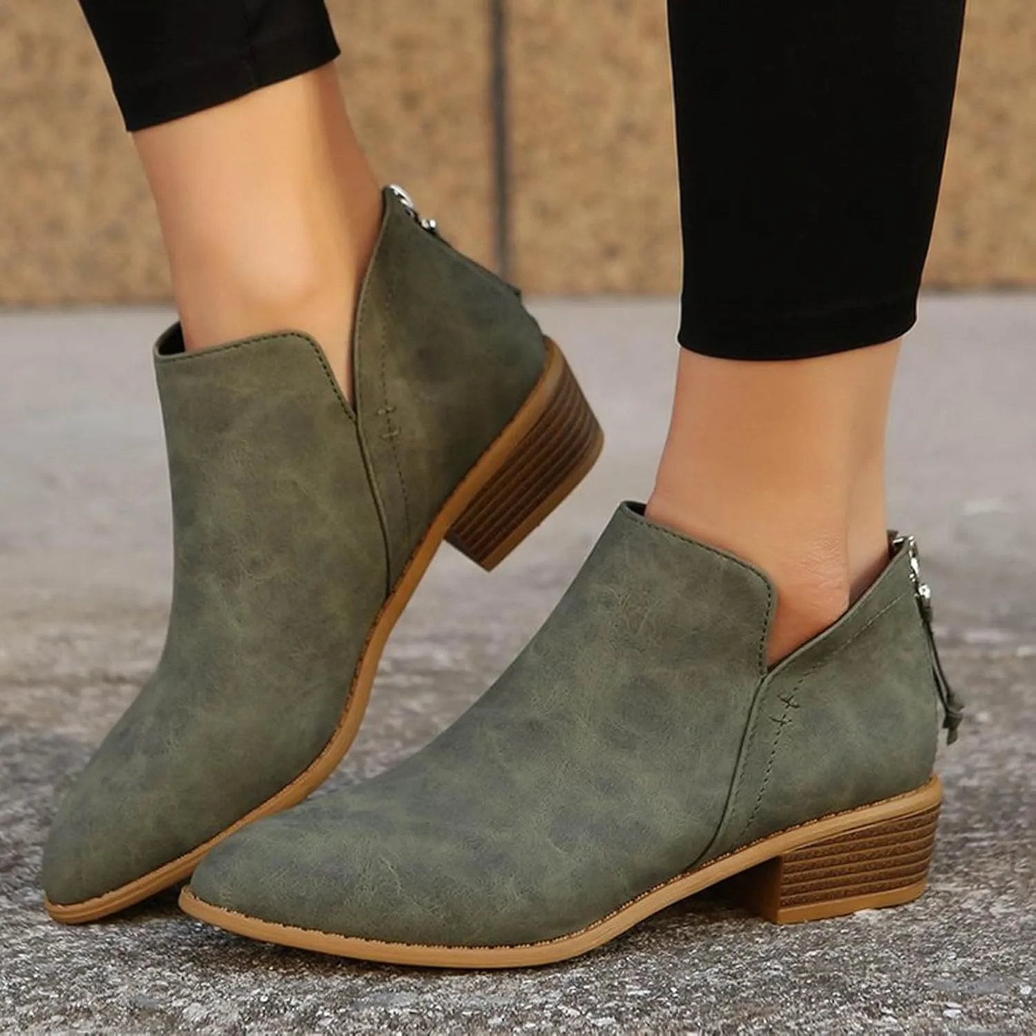 Womens V Cutout Ankle Boots,Pointed Toe Chunky Stacked Heel Booties Slip on Western Low Heel Boots Zip Up Western Boots Shoes Low Heel Pull On Short Western Boots