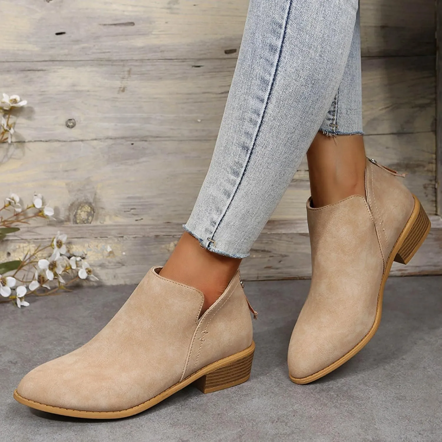 Womens V Cutout Ankle Boots,Pointed Toe Chunky Stacked Heel Booties Slip on Western Low Heel Boots Zip Up Western Boots Shoes Low Heel Pull On Short Western Boots