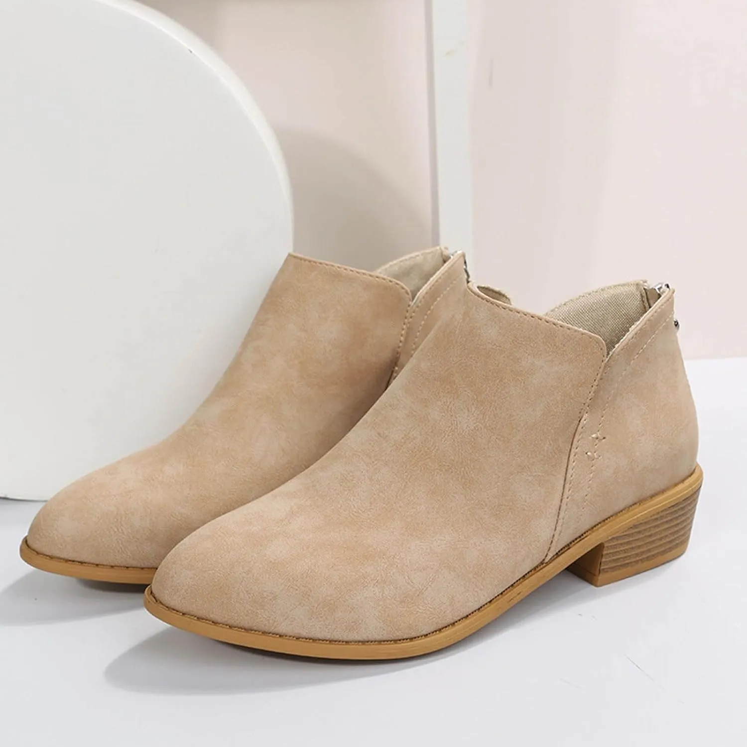 Womens V Cutout Ankle Boots,Pointed Toe Chunky Stacked Heel Booties Slip on Western Low Heel Boots Zip Up Western Boots Shoes Low Heel Pull On Short Western Boots