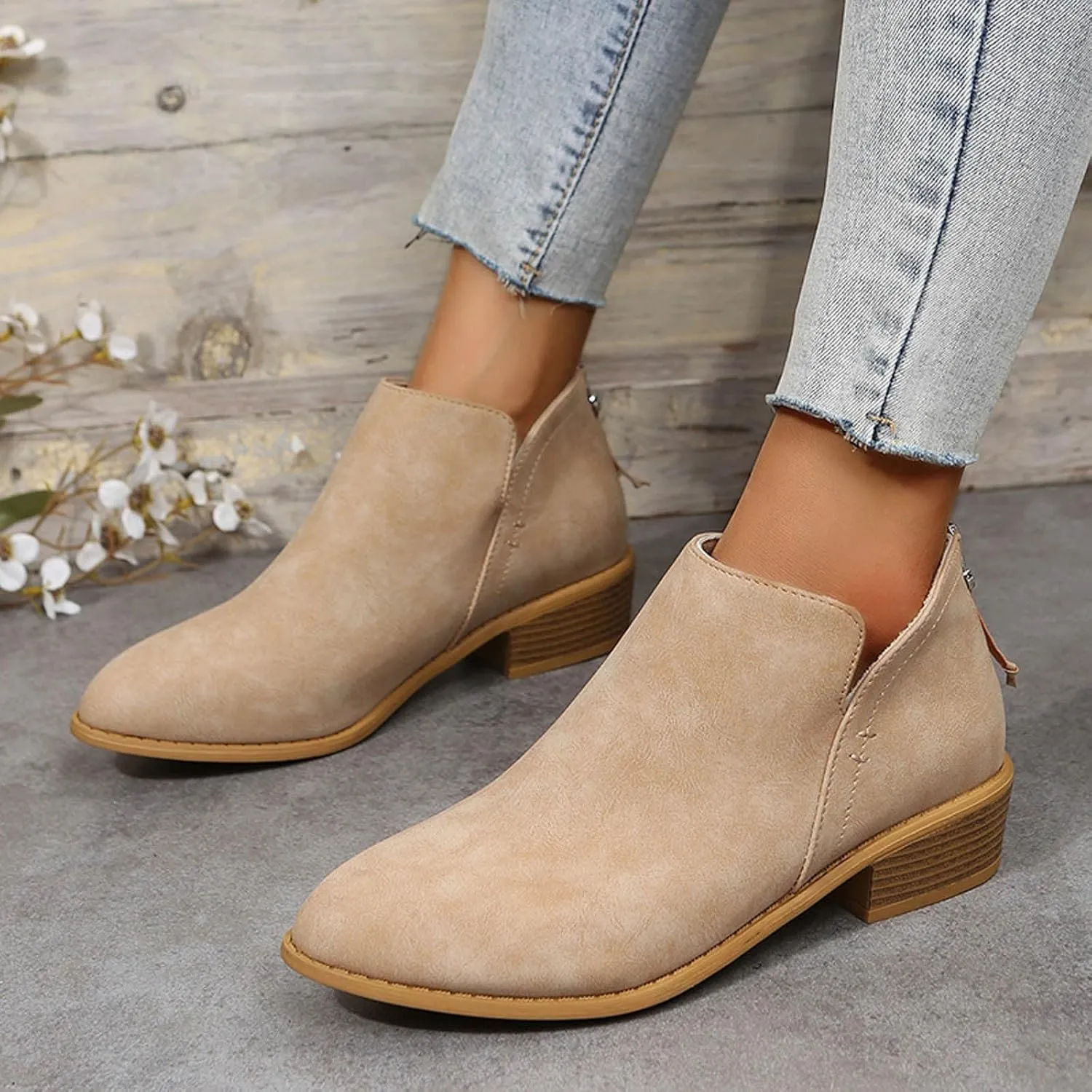 Womens V Cutout Ankle Boots,Pointed Toe Chunky Stacked Heel Booties Slip on Western Low Heel Boots Zip Up Western Boots Shoes Low Heel Pull On Short Western Boots