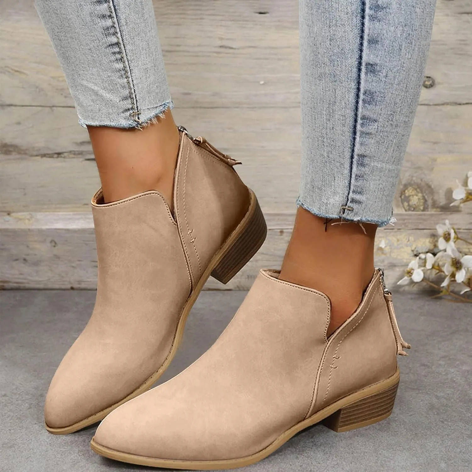 Womens V Cutout Ankle Boots,Pointed Toe Chunky Stacked Heel Booties Slip on Western Low Heel Boots Zip Up Western Boots Shoes Low Heel Pull On Short Western Boots