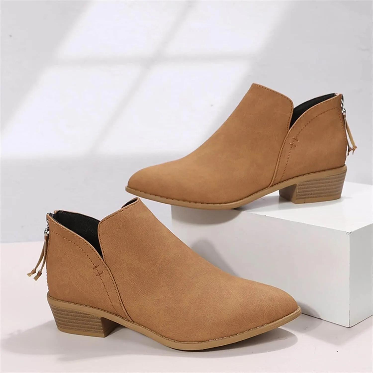 Womens V Cutout Ankle Boots,Pointed Toe Chunky Stacked Heel Booties Slip on Western Low Heel Boots Zip Up Western Boots Shoes Low Heel Pull On Short Western Boots