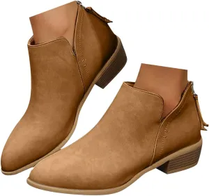 Womens V Cutout Ankle Boots,Pointed Toe Chunky Stacked Heel Booties Slip on Western Low Heel Boots Zip Up Western Boots Shoes Low Heel Pull On Short Western Boots