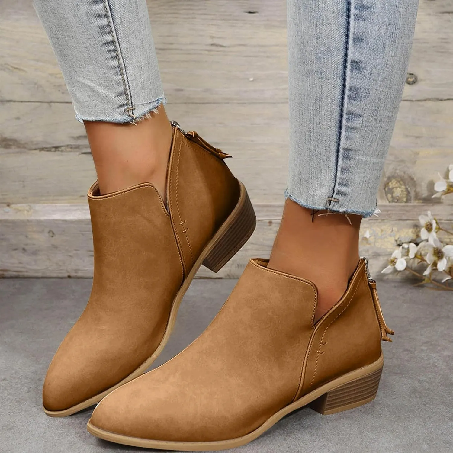 Womens V Cutout Ankle Boots,Pointed Toe Chunky Stacked Heel Booties Slip on Western Low Heel Boots Zip Up Western Boots Shoes Low Heel Pull On Short Western Boots