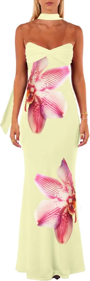 Women's Vintage Floral Print Tie Dye Cami Long Dress Sleeveless Open Back A Line Dress Slim Tie Back Maxi Sundress