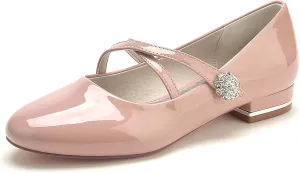Women's Wedding Shoes Closed Toe Patent Leather Flats Ankle Strap with Rhinestone Round Toe Slip on Bridal Ballet Sandals