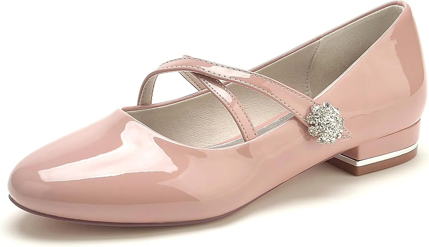 Women's Wedding Shoes Closed Toe Patent Leather Flats Ankle Strap with Rhinestone Round Toe Slip on Bridal Ballet Sandals