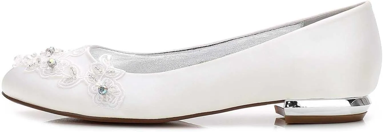 Womens Wedding Shoes Women's Closed-Toe Satin Wedding Flats with Pearl, Slip-On Design, Elegant Flats for The Bride, Proms, Evenings & Bridal Parties(Ivory,9)