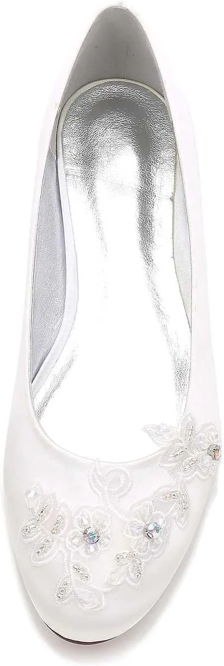 Womens Wedding Shoes Women's Closed-Toe Satin Wedding Flats with Pearl, Slip-On Design, Elegant Flats for The Bride, Proms, Evenings & Bridal Parties(Ivory,9)