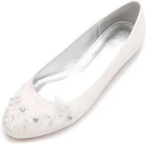 Womens Wedding Shoes Women's Closed-Toe Satin Wedding Flats with Pearl, Slip-On Design, Elegant Flats for The Bride, Proms, Evenings & Bridal Parties(Ivory,9)