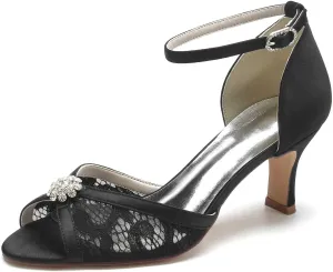 Womens Wedding Shoes Women's Wedding Shoes Rhinestone-Embellished Lace & Satin Low Heels, Peep Toe Pumps with Buckle, Elegant Evening & Dress Footwear for Brides & Bridal(Black,7/US)