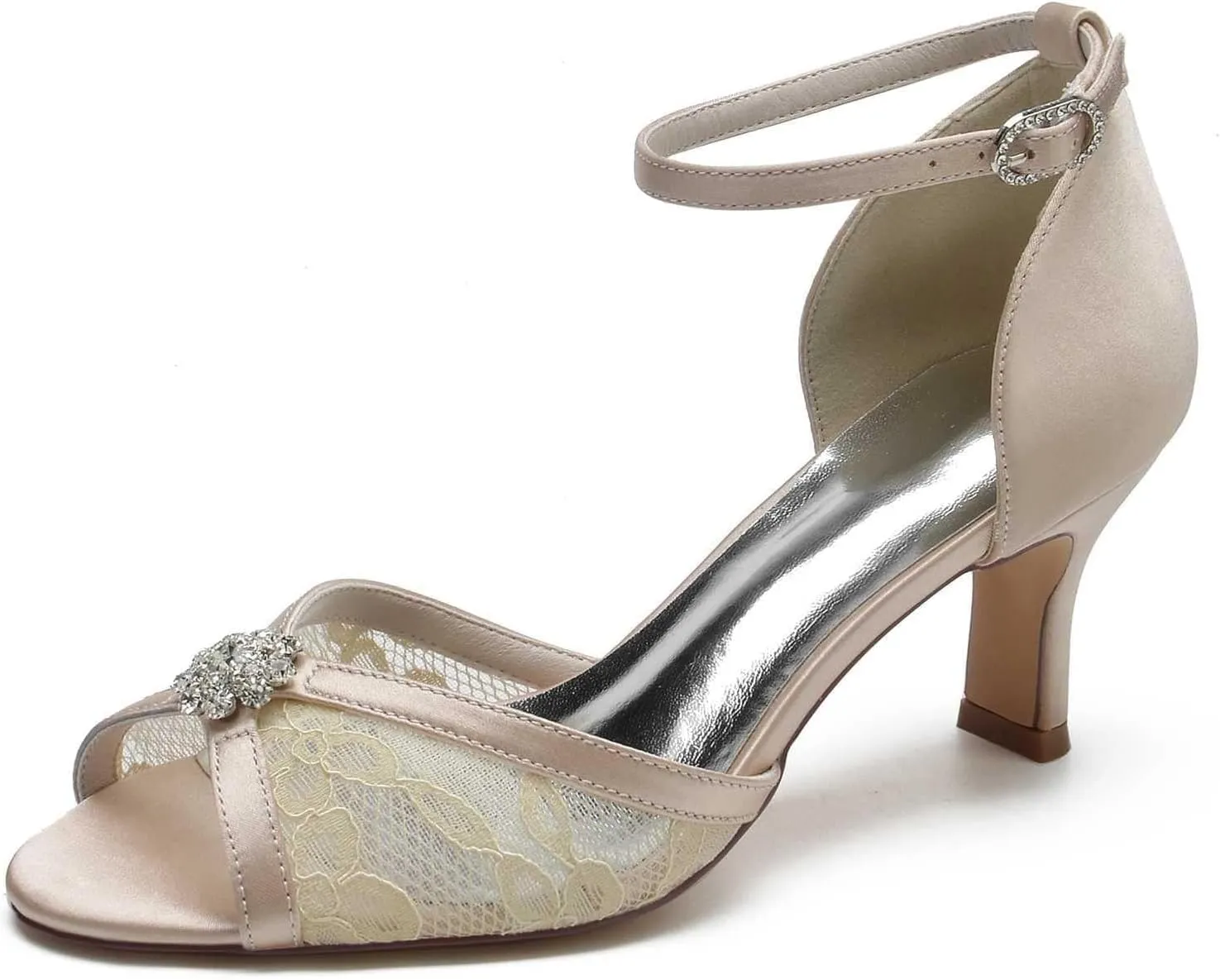Womens Wedding Shoes Women's Wedding Shoes Rhinestone-Embellished Lace & Satin Low Heels, Peep Toe Pumps with Buckle, Elegant Evening & Dress Footwear for Brides & Bridal(Champagne,8/US)