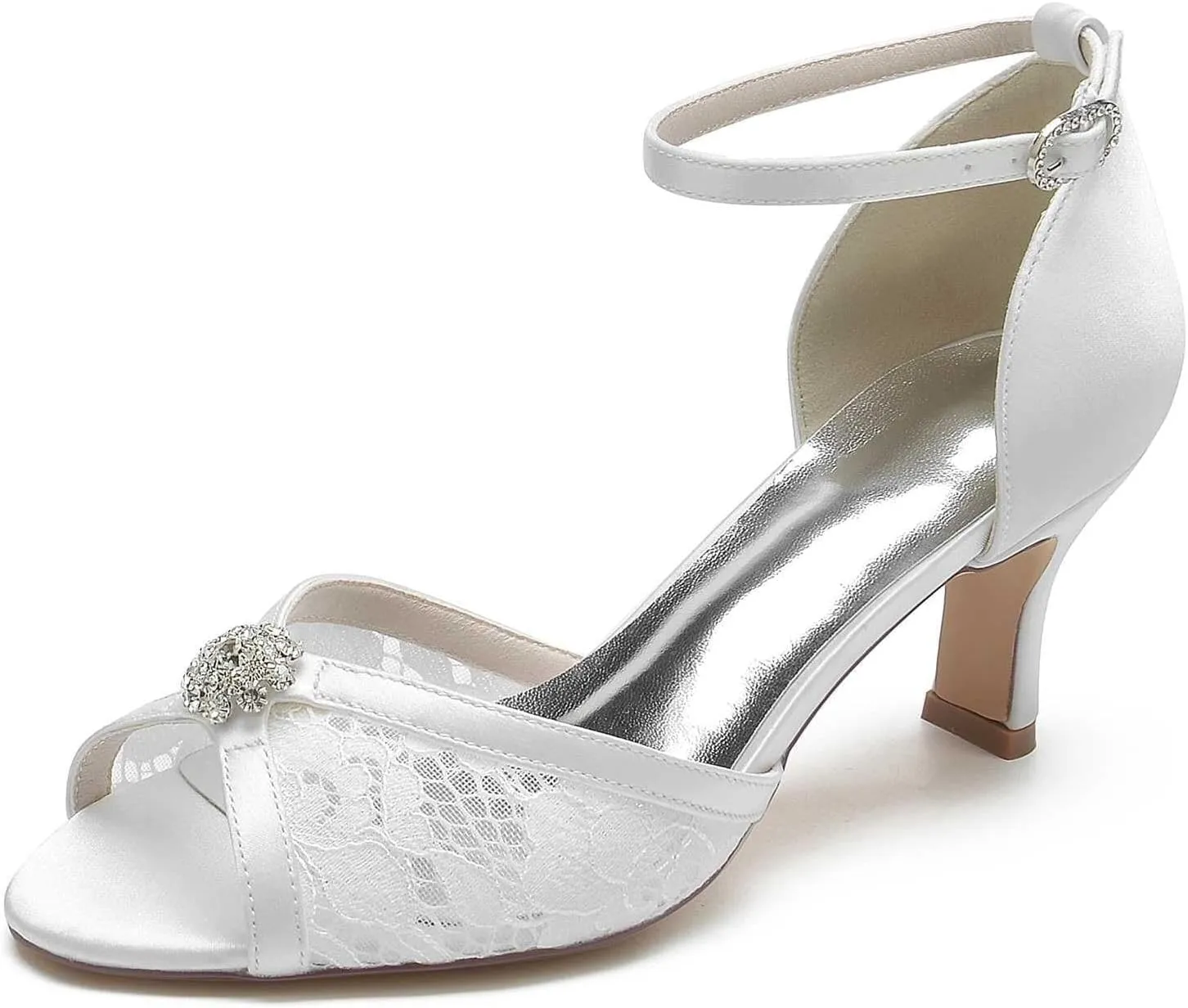 Womens Wedding Shoes Women's Wedding Shoes Rhinestone-Embellished Lace & Satin Low Heels, Peep Toe Pumps with Buckle, Elegant Evening & Dress Footwear for Brides & Bridal(White,11/US)