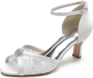 Womens Wedding Shoes Women's Wedding Shoes Rhinestone-Embellished Lace & Satin Low Heels, Peep Toe Pumps with Buckle, Elegant Evening & Dress Footwear for Brides & Bridal(White,11/US)