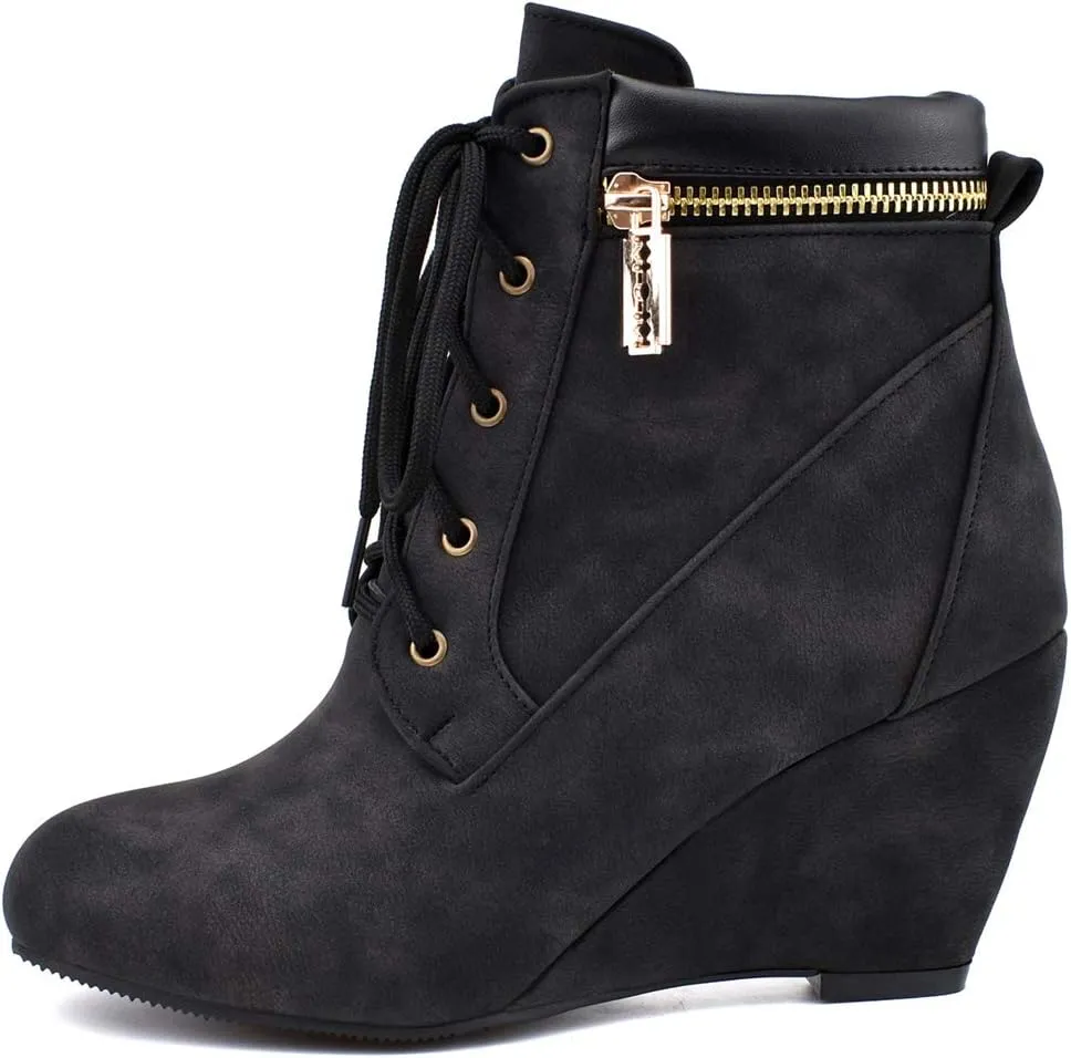 Womens Wedge Heel Ankle Boots Laced Up Ankle Booties with Zip