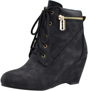 Womens Wedge Heel Ankle Boots Laced Up Ankle Booties with Zip