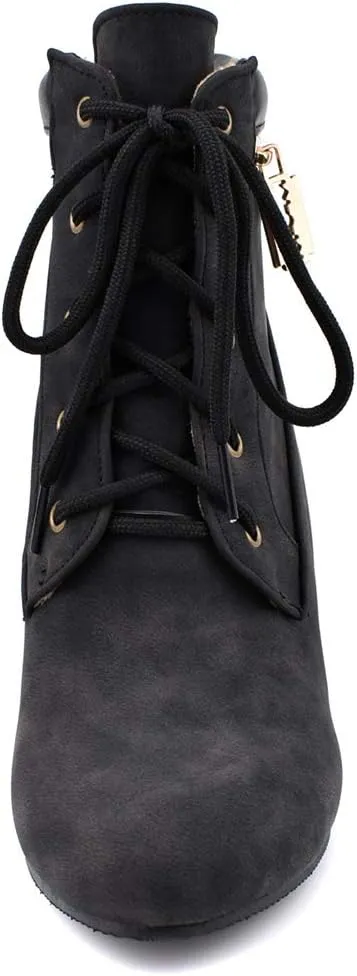 Womens Wedge Heel Ankle Boots Laced Up Ankle Booties with Zip