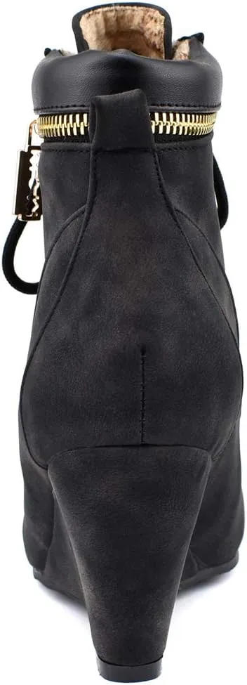 Womens Wedge Heel Ankle Boots Laced Up Ankle Booties with Zip