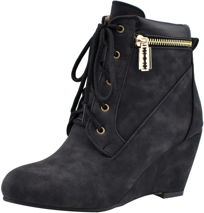 Womens Wedge Heel Ankle Boots Laced Up Ankle Booties with Zip