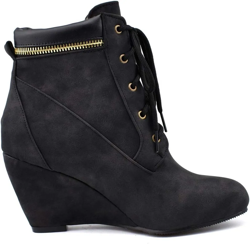Womens Wedge Heel Ankle Boots Laced Up Ankle Booties with Zip