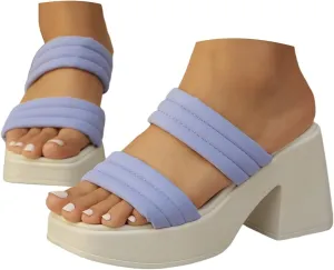 Women's Wedge Sandals Square Toe Open Toe Two Strap Slip on Heels Slide Sandals Casual Dress Pumps Mules