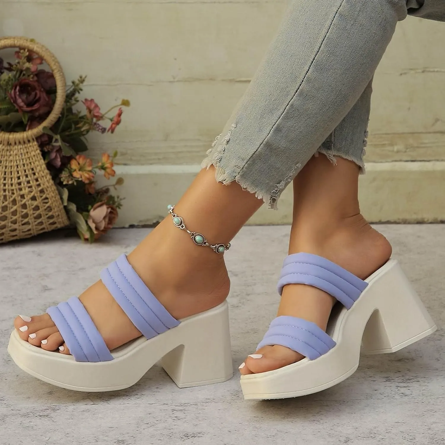 Women's Wedge Sandals Square Toe Open Toe Two Strap Slip on Heels Slide Sandals Casual Dress Pumps Mules