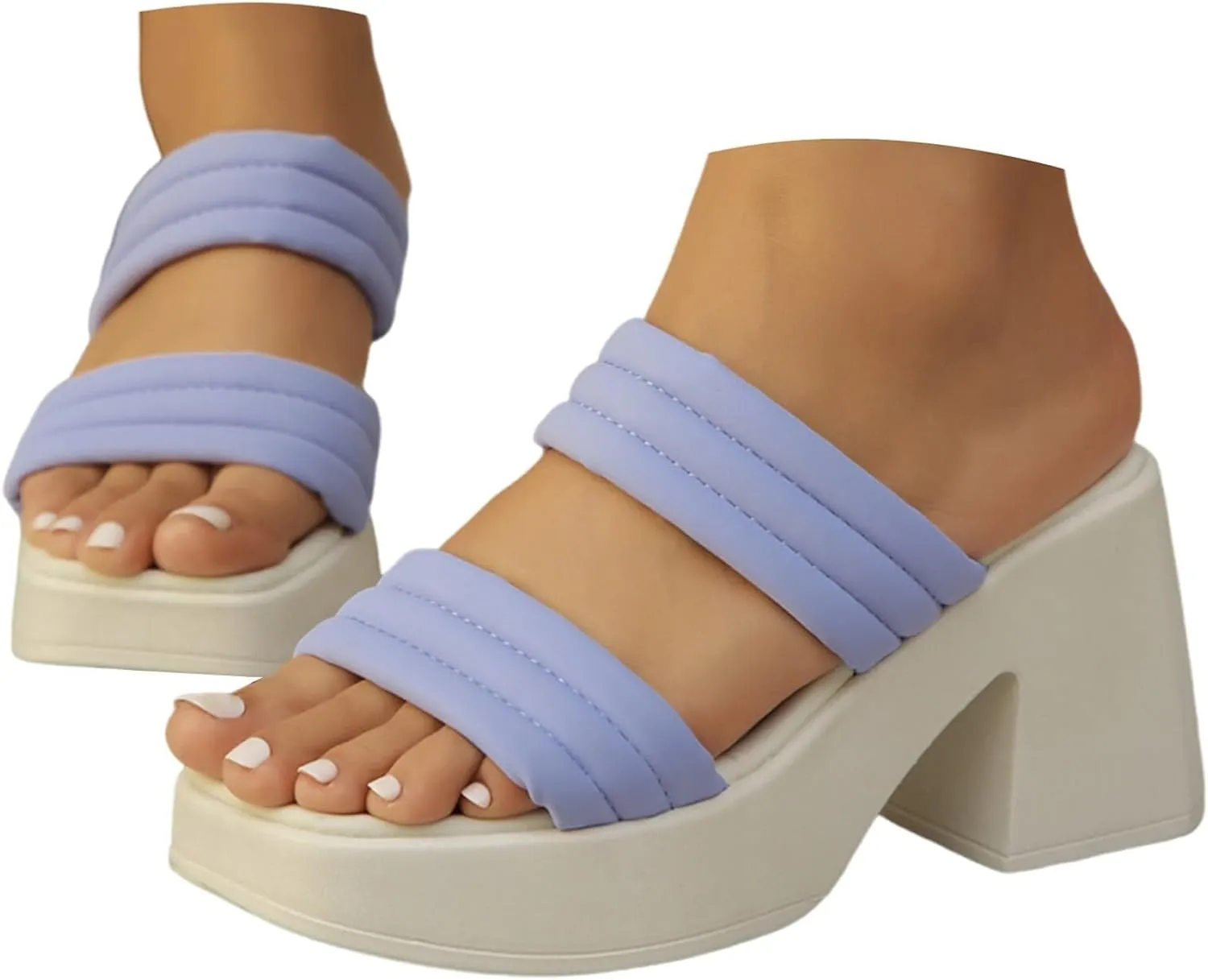 Women's Wedge Sandals Square Toe Open Toe Two Strap Slip on Heels Slide Sandals Casual Dress Pumps Mules
