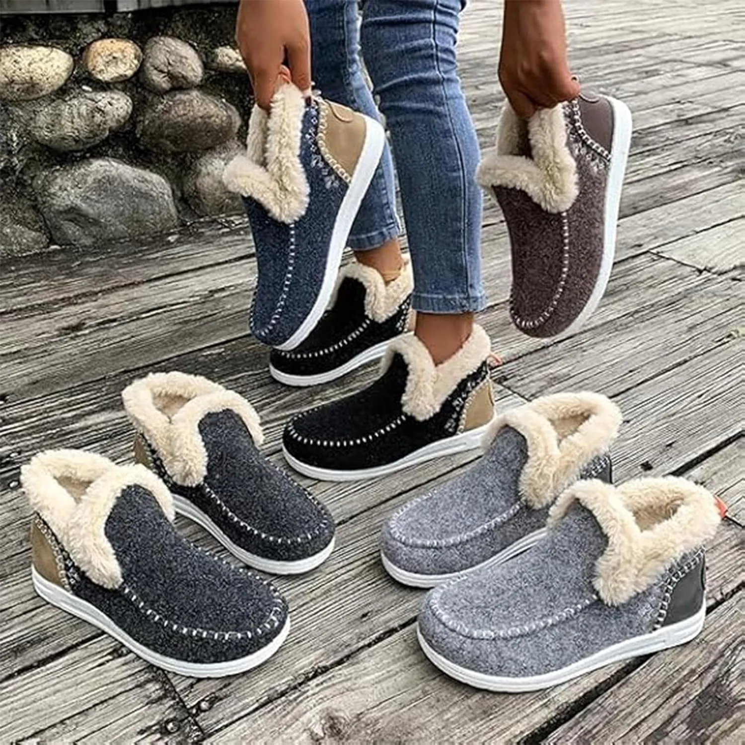 Women's Winter Plush Lined Flat Shoes,Soft Plush Slip-on Sneakers for Cozy Feet,Faux Fur Lining Anti-Slip Ankle Boots