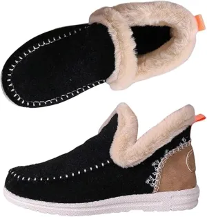Women's Winter Plush Lined Flat Shoes,Soft Plush Slip-on Sneakers for Cozy Feet,Faux Fur Lining Anti-Slip Ankle Boots