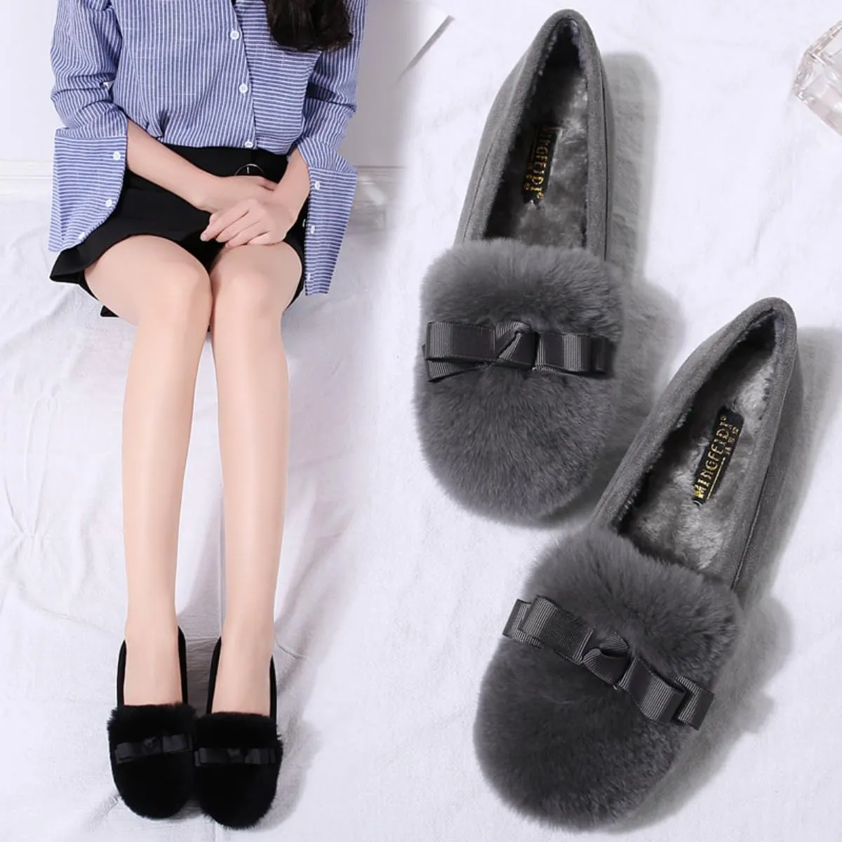 Women's Winter Shoes Women's Faux Fur Flats Slip On Cozy House Slippers Warm Shoes for Indoor and Outdoor Wear