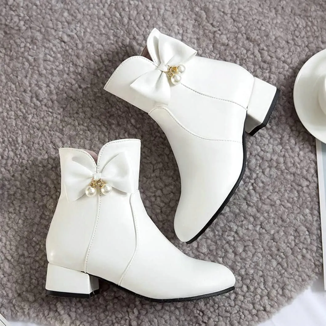 Womens Zip Up Ankle Boots Low Chunky Heel Booties for Women with Bow