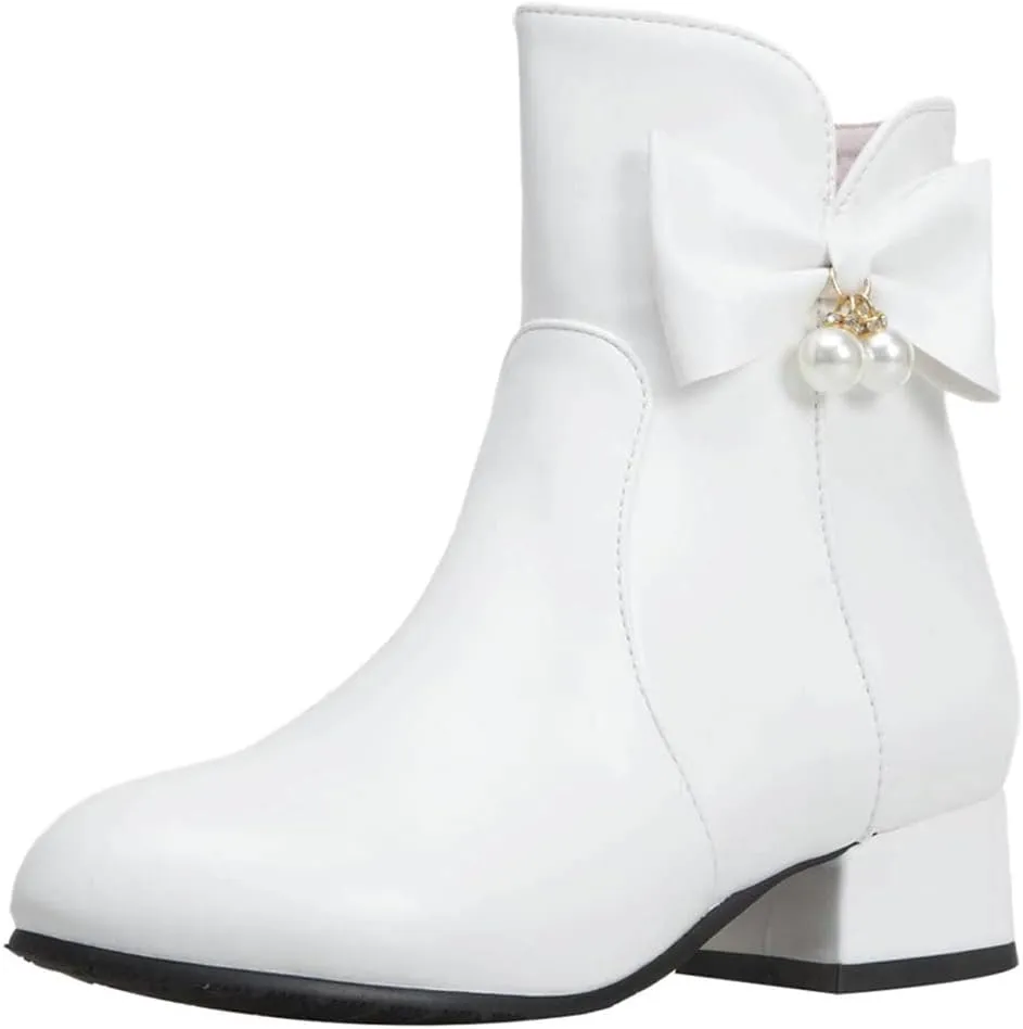 Womens Zip Up Ankle Boots Low Chunky Heel Booties for Women with Bow