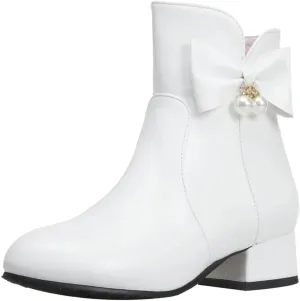 Womens Zip Up Ankle Boots Low Chunky Heel Booties for Women with Bow