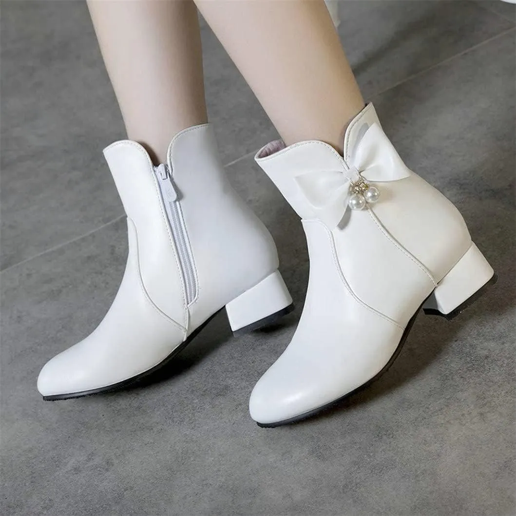 Womens Zip Up Ankle Boots Low Chunky Heel Booties for Women with Bow