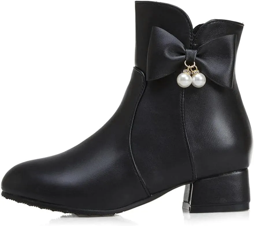 Womens Zip Up Ankle Boots Low Chunky Heel Booties for Women with Bow