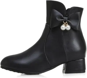 Womens Zip Up Ankle Boots Low Chunky Heel Booties for Women with Bow