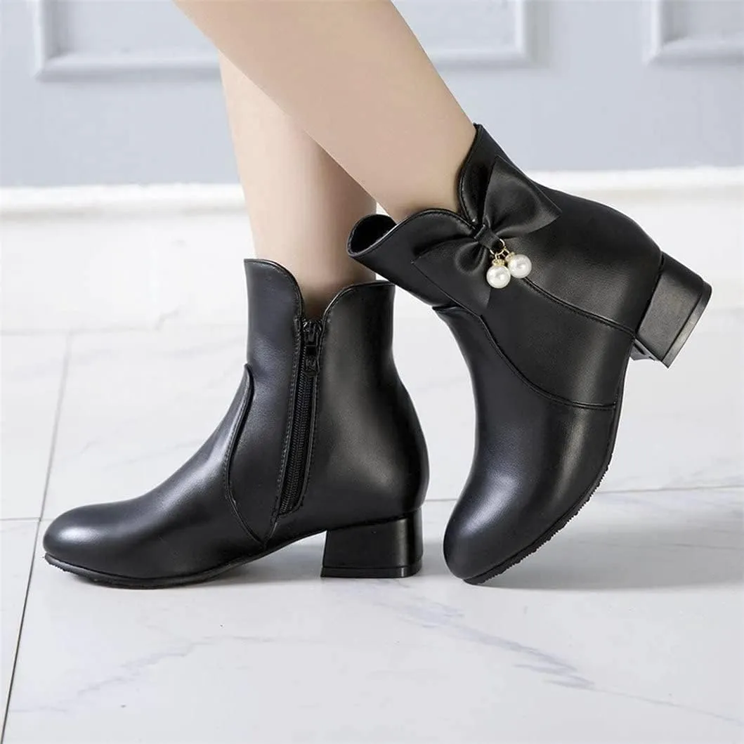 Womens Zip Up Ankle Boots Low Chunky Heel Booties for Women with Bow