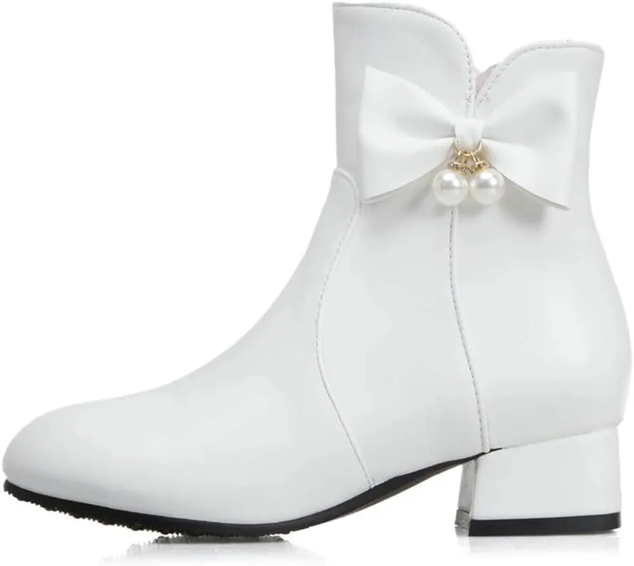 Womens Zip Up Ankle Boots Low Chunky Heel Booties for Women with Bow