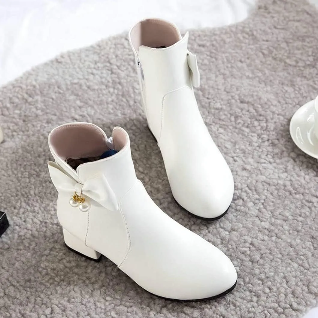 Womens Zip Up Ankle Boots Low Chunky Heel Booties for Women with Bow