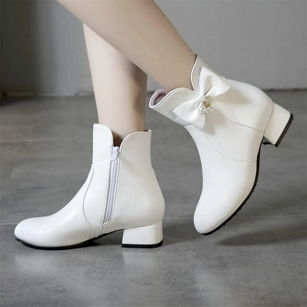 Womens Zip Up Ankle Boots Low Chunky Heel Booties for Women with Bow