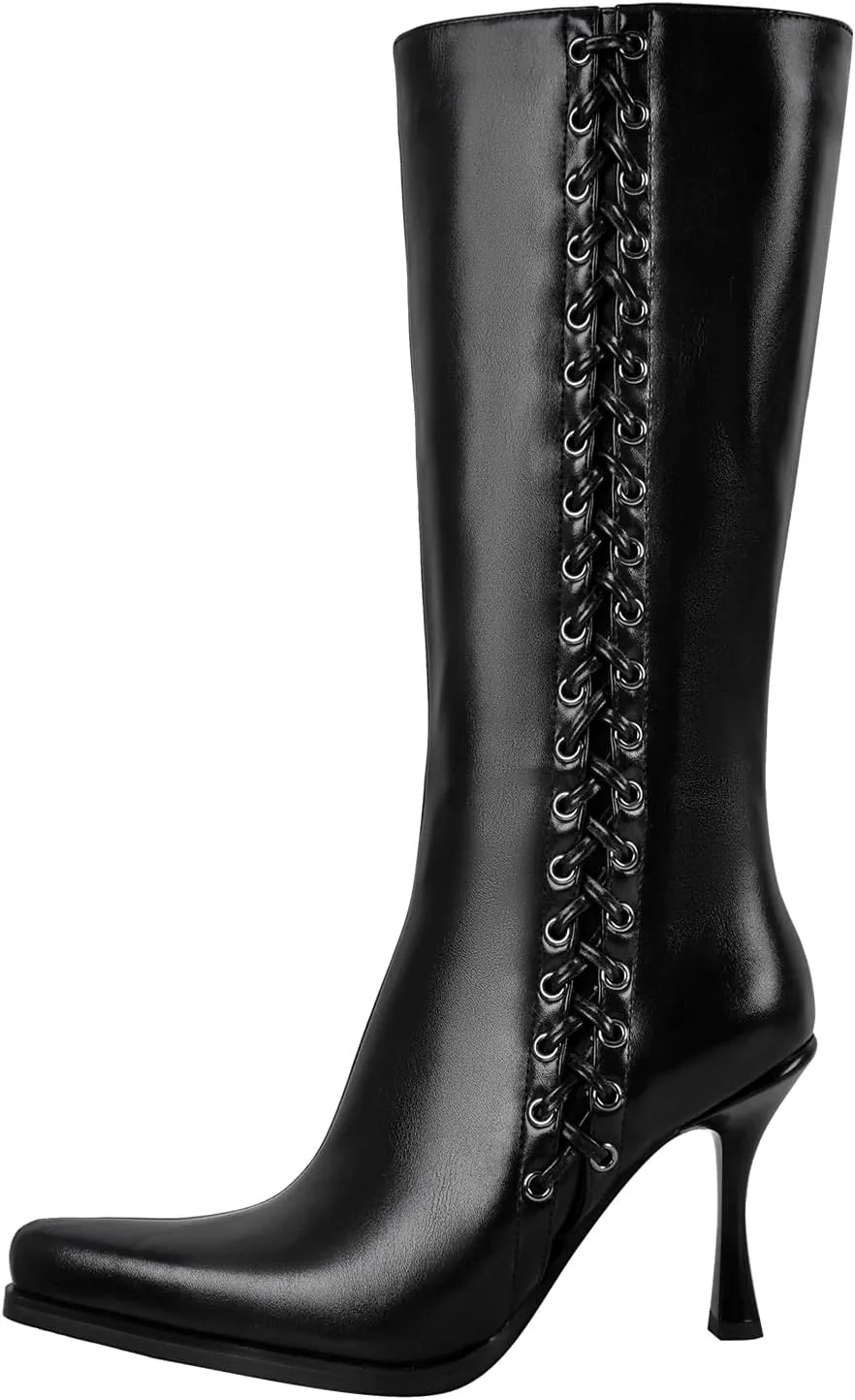 Women's Zip Up Mid Calf Boots Pointy Toe Faux Leather Stilettos High Heels