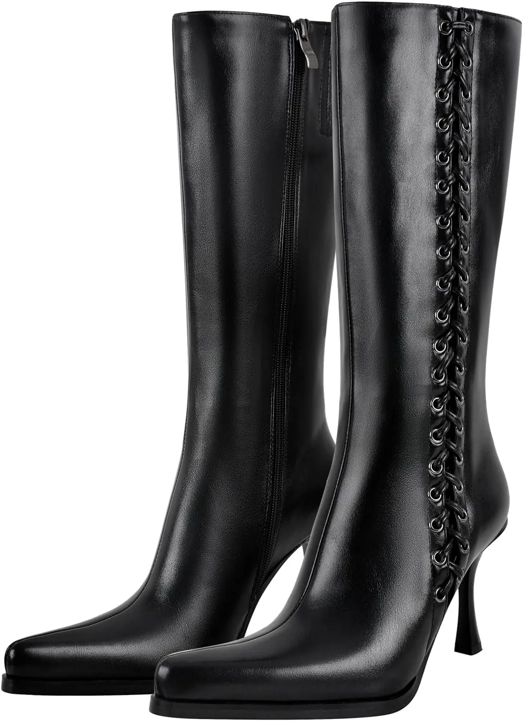 Women's Zip Up Mid Calf Boots Pointy Toe Faux Leather Stilettos High Heels