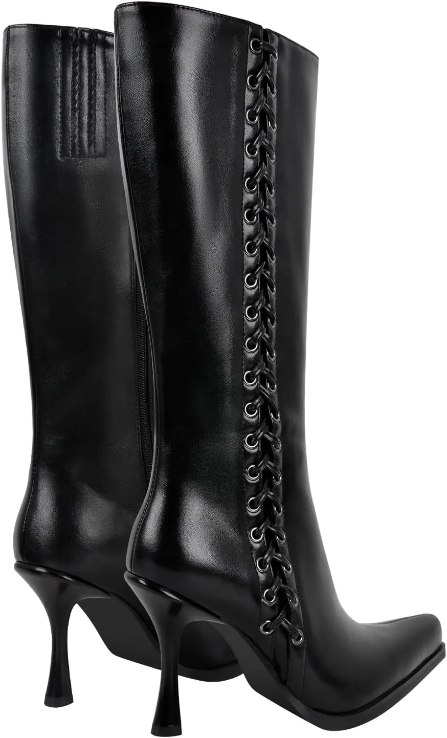 Women's Zip Up Mid Calf Boots Pointy Toe Faux Leather Stilettos High Heels